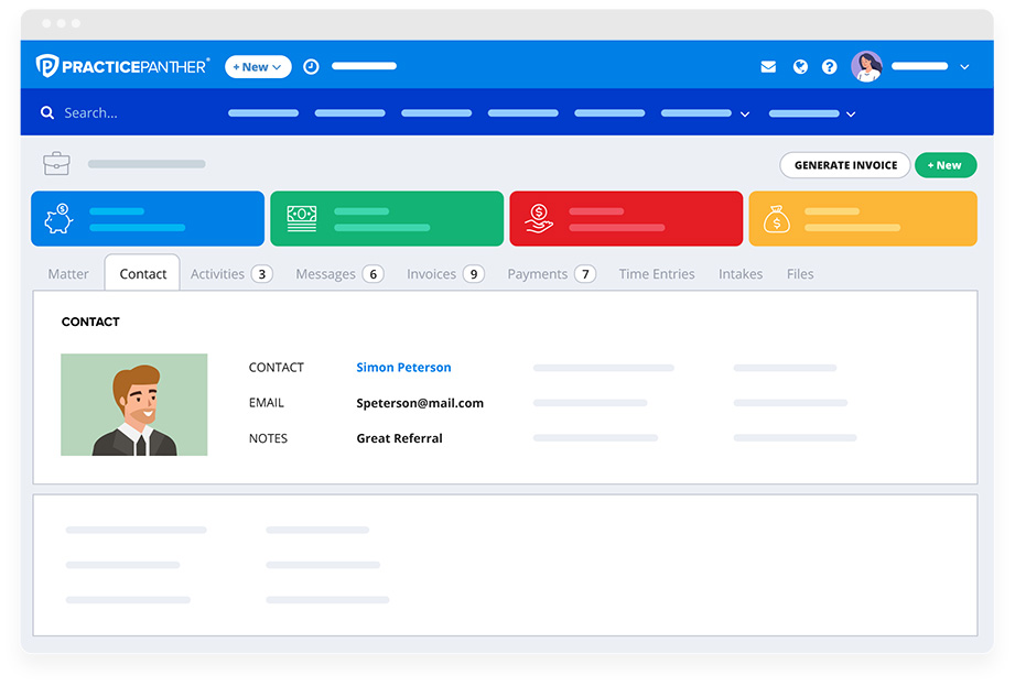 PracticePanther dashboard showing contact management