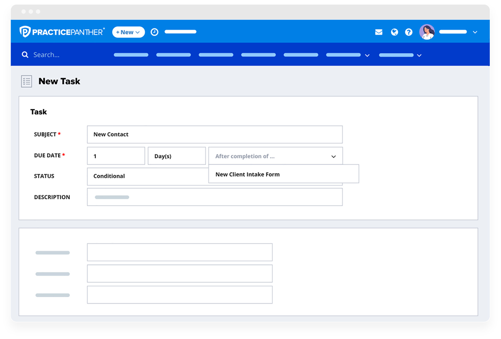 PracticePanther dashboard showing task setup workflows