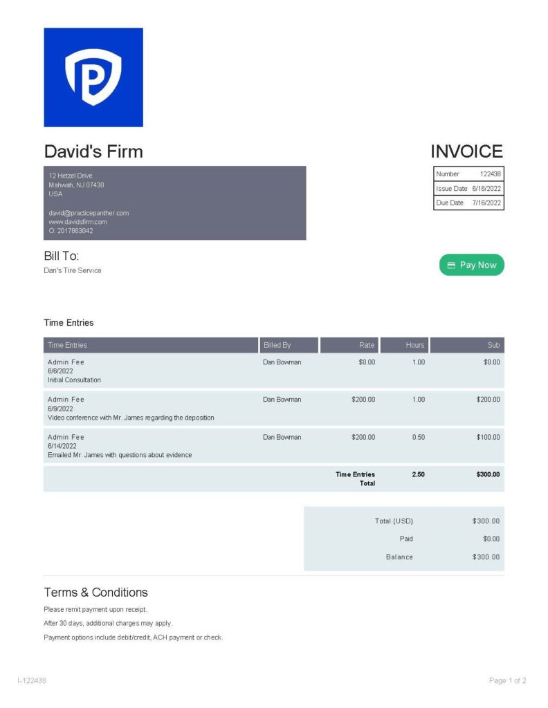 Example of PracticePanther Law Firm Invoice