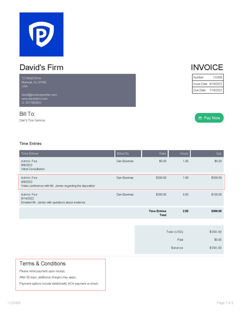 Example of PracticePanther Law Firm Invoice