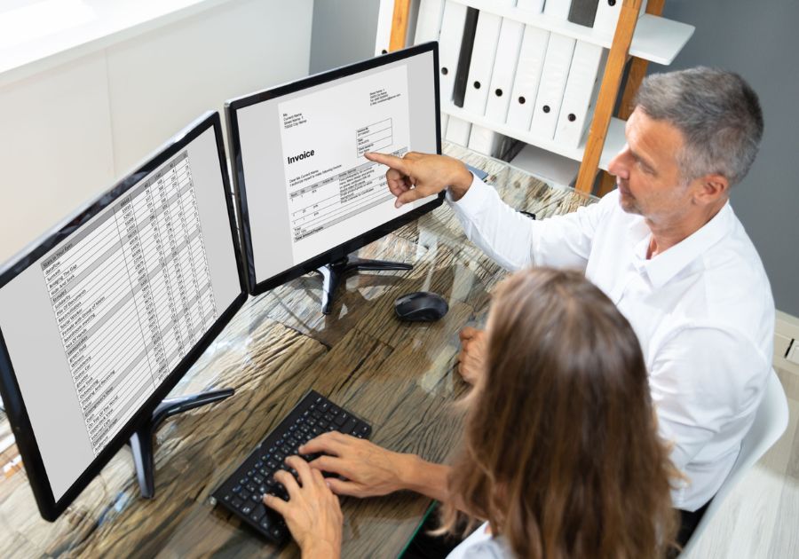 Lawyers Using Legal Billing Software and Pointing to the Computer Screen 