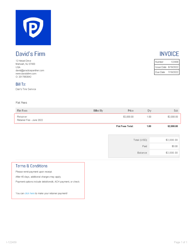 attorney retainer fee invoice example