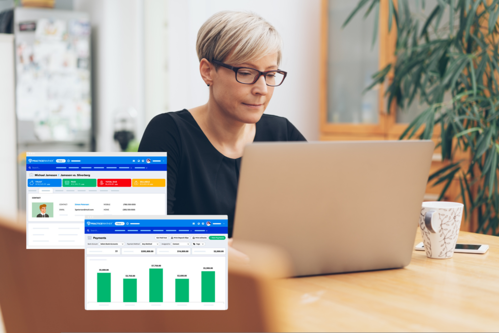 Person on laptop with PracticePanther legal case management software