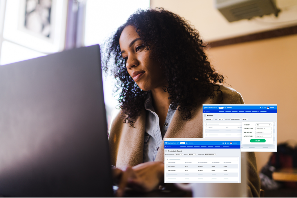 Person on laptop with PracticePanther custom reporting and custom tags