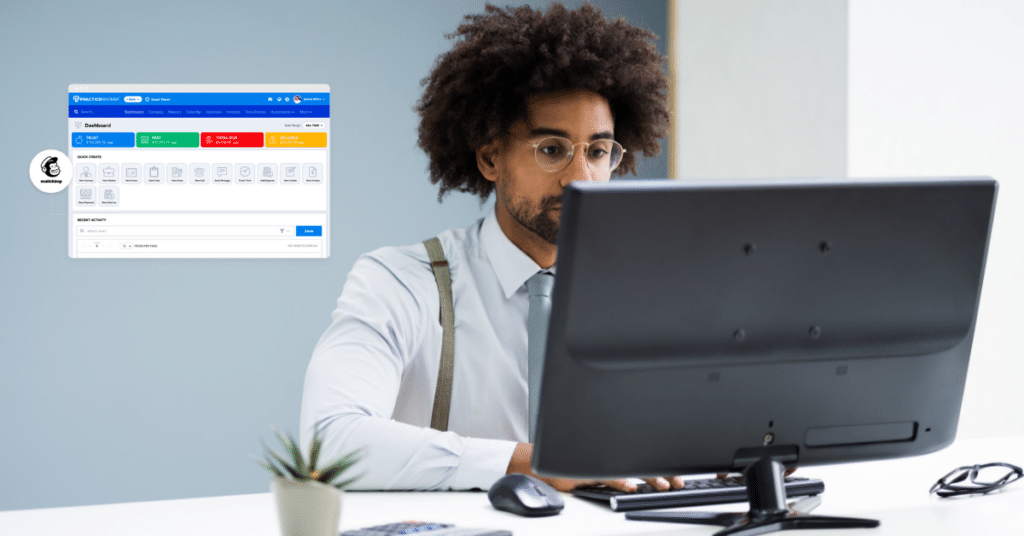 Person using desktop computer with PracticePanther MailChimp integration feature screen