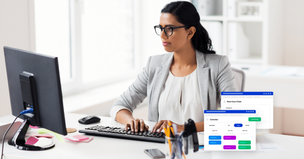 Person using computer with PracticePanther legal calendaring feature screen