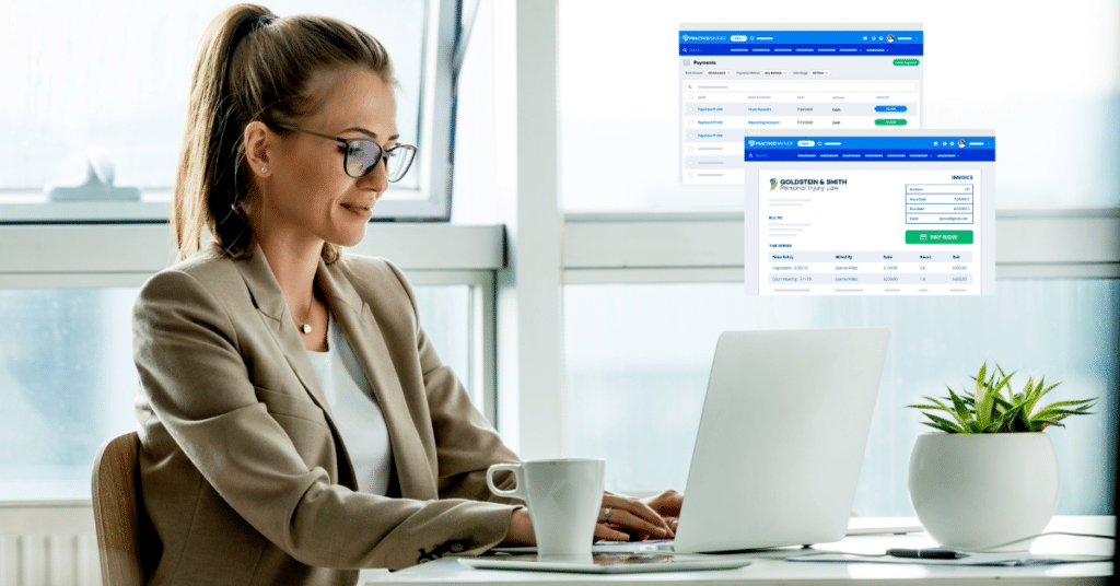 Person on laptop with PracticePanther ePayment and legal billing software feature screens