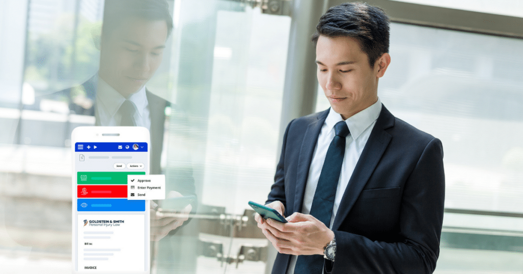 Person using cellphone with PracticePanther app for legal invoicing