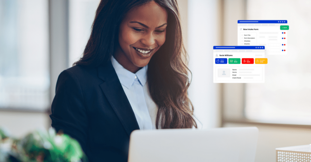 Person using laptop with PracticePanther legal case management and legal client intake feature screens