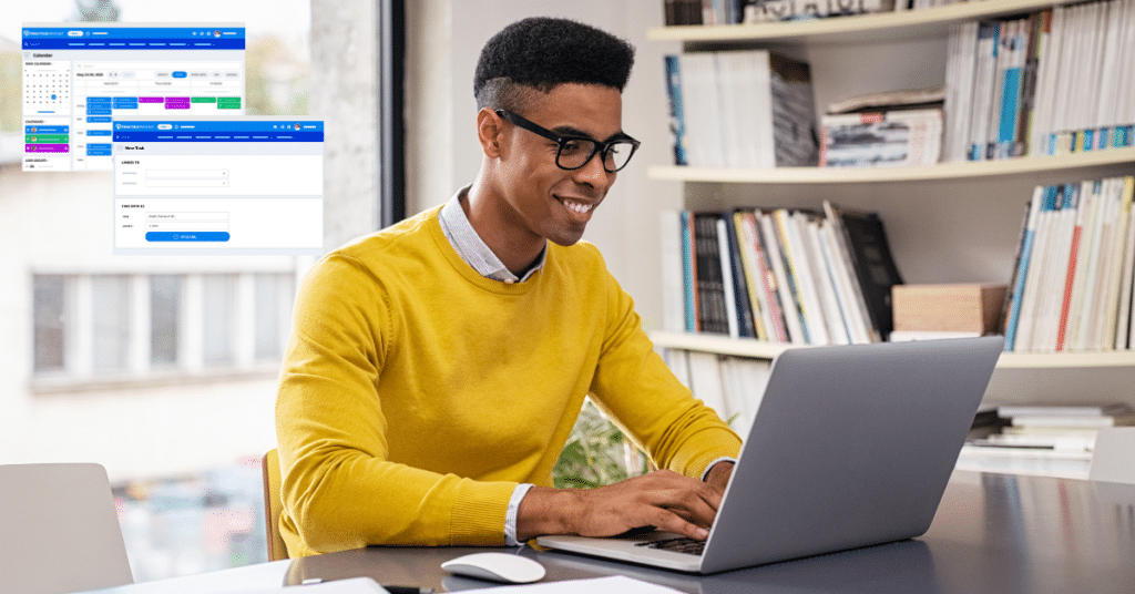 Person using laptop with PracticePanther legal calendar and task management software features
