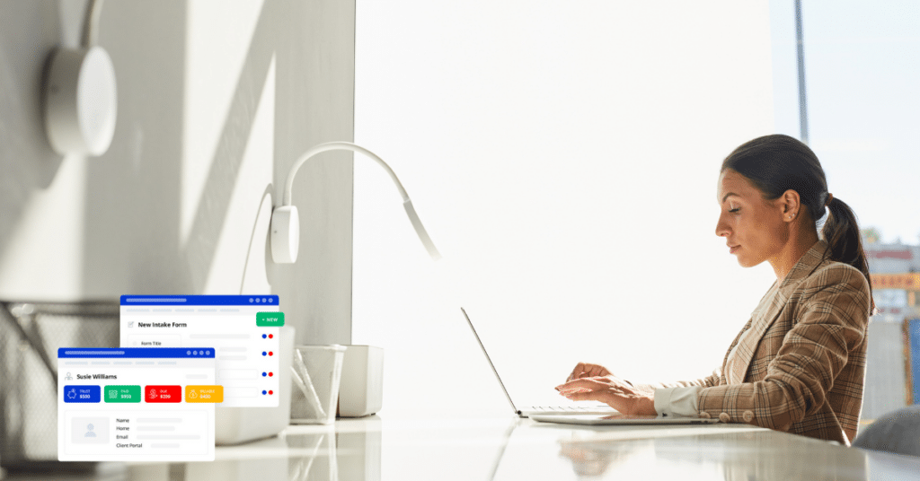 Person using laptop with PracticePanther legal client intake feature screens