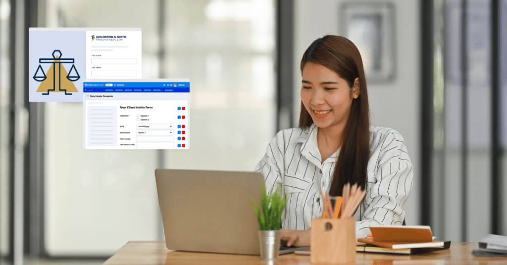 Person using laptop with PracticePanther legal intake feature screens
