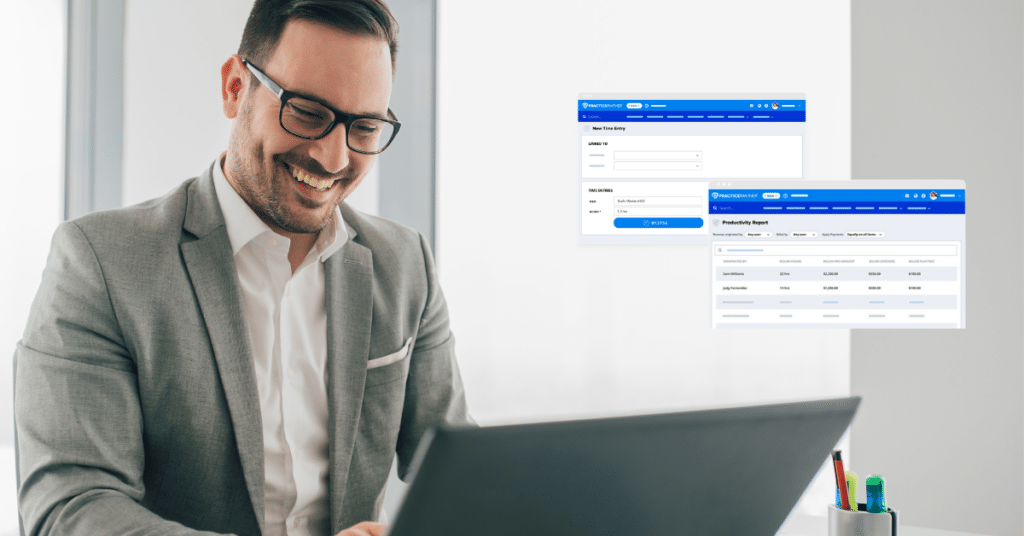 Person using laptop with PracticePanther time and expense tracking feature screens