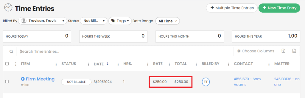 Non-Billable Time Rates and Totals