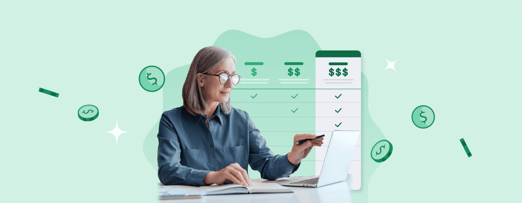 A older female lawyer researching how much practice management software costs on a computer