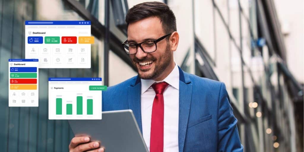 A man in a suit looking at various PracticePanther dashboards on a tablet in his left hand
