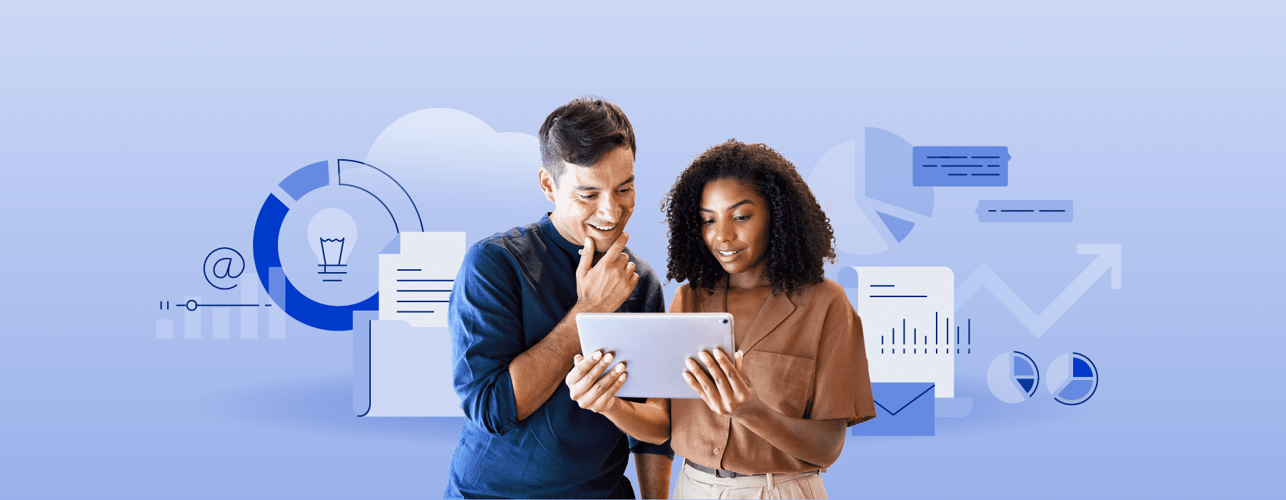 Two lawyers, one male and one female, looking at a computer and researching law firm software