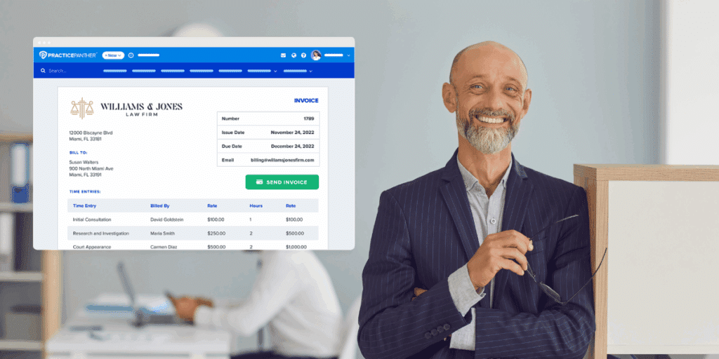 AN older, male lawyer smiling in his office looking at PracticePanther's legal practice management software