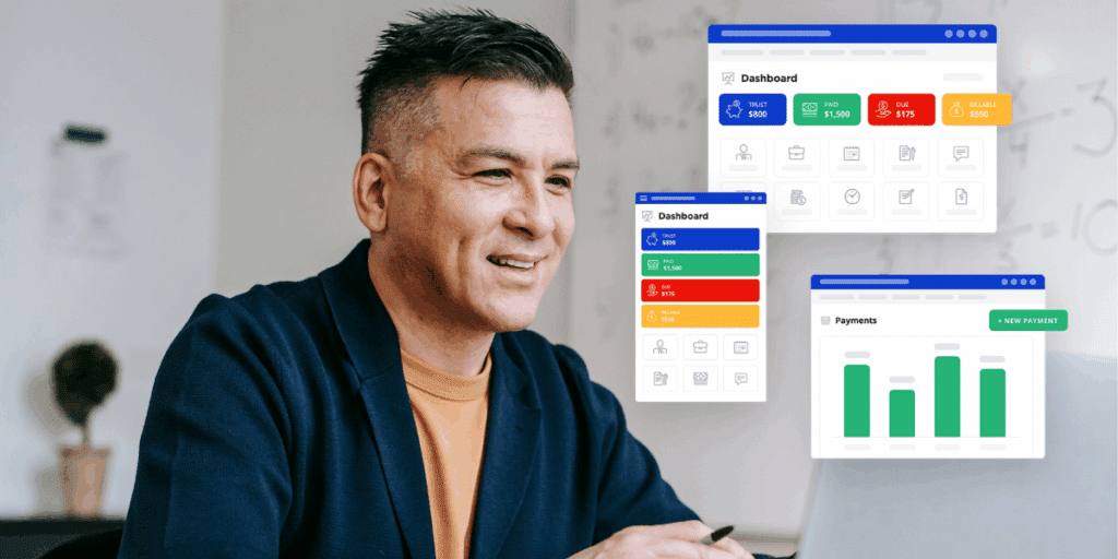 Male lawyer looking at PracticePanther's legal billing and payments dashboard