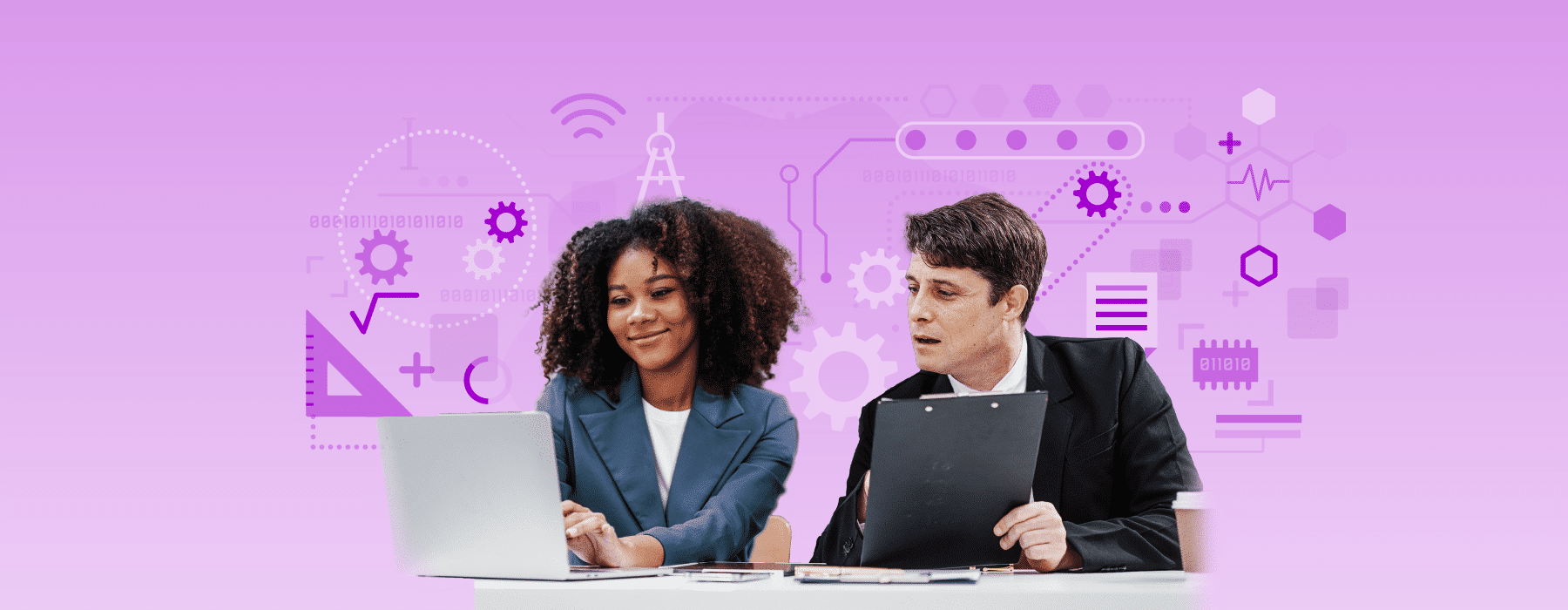 Two lawyers discussing the technology skills they need to be successful