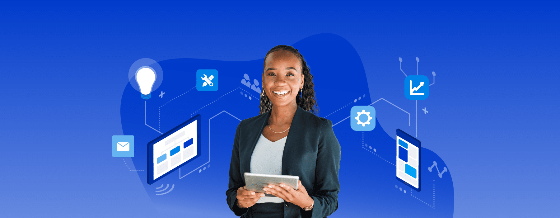 A woman lawyer smiling and using billing software for a legal office or firm