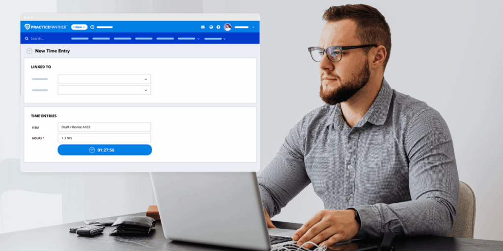 Male lawyer looking at legal automation features in PracticePanther software.