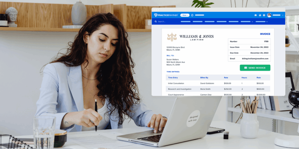 A female lawyer at her office desk looking at a client invoice using PracticePanther legal billing software