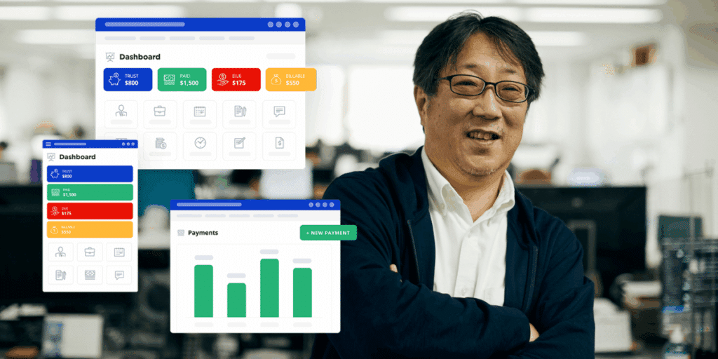 Male lawyer in an office looking at various dashboards on PracticePanther's software.