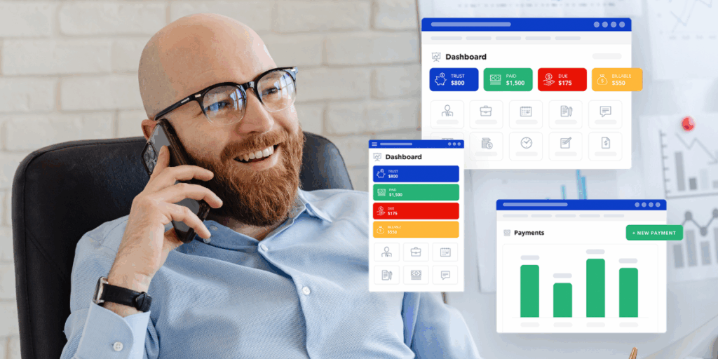 Male lawyer on the phone looking at a data dashboard from PracticePanther on his laptop.