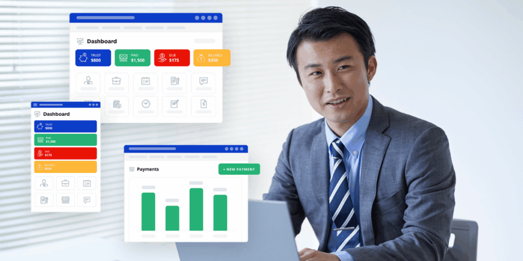 Male lawyer looking at a laptop, using PracticePanther dashboards.