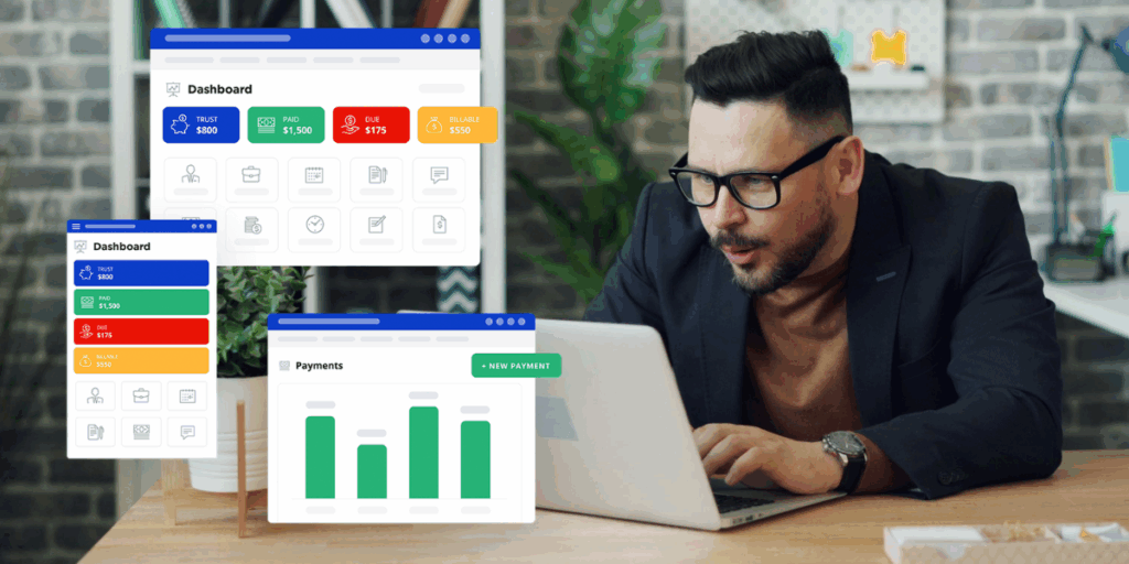 Male lawyer smiling at his laptop while interacting with PracticePanther software.