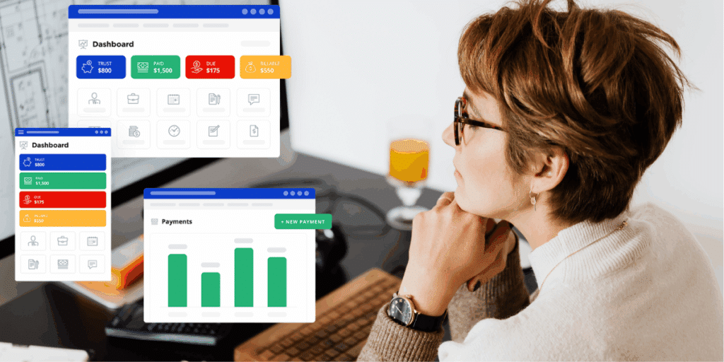 Female lawyer at her desk looking at PracticePanther's native billing dashboards on her computer.