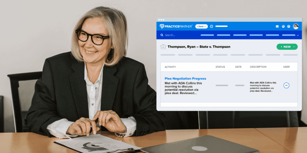 Older female lawyer meeting with clients using case information stored in PracticePanther software