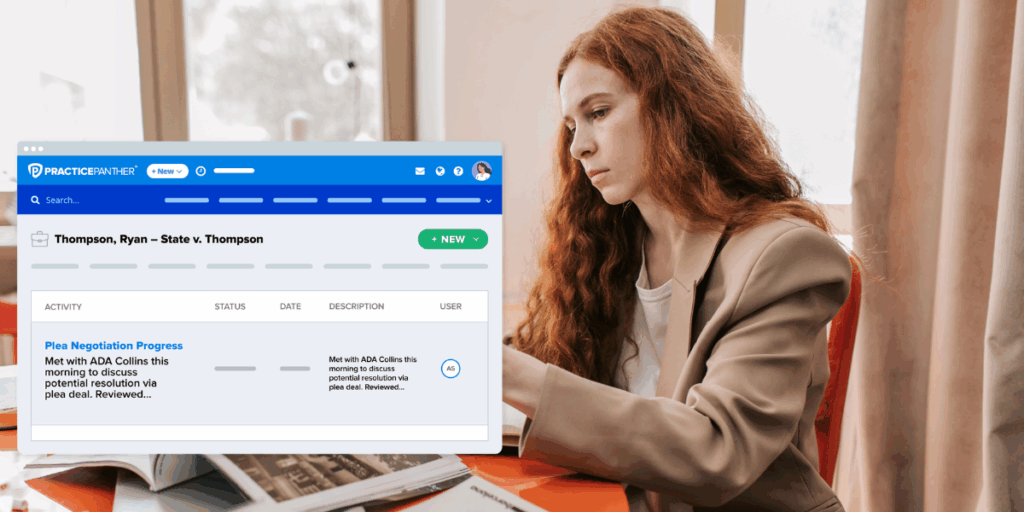 Female lawyer using her laptop to look at a client's case details on PracticePanther.