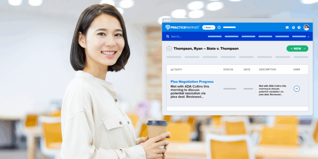 Female lawyer looking at client information on a PracticePanther dashboard.