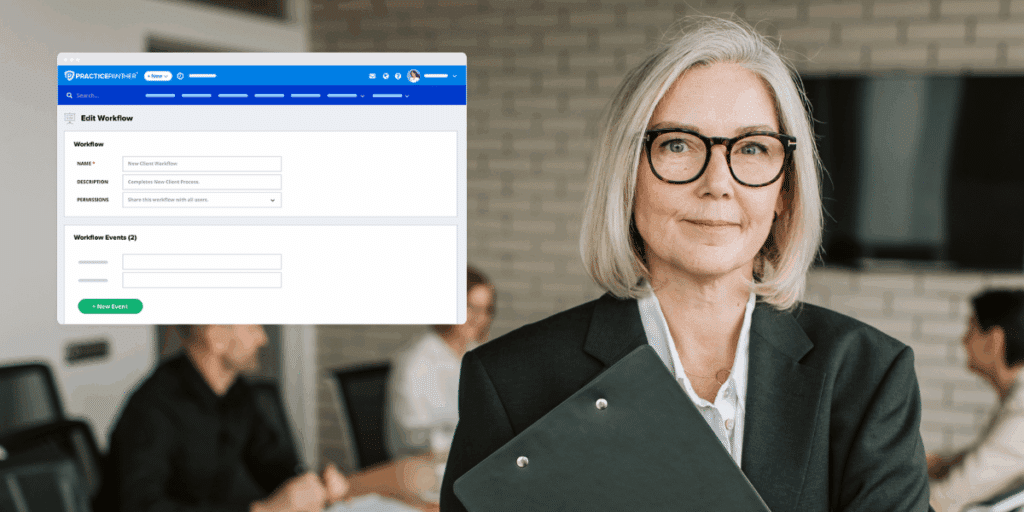 Female lawyer in an office meeting with clients using PractciePanther's legal b illing software