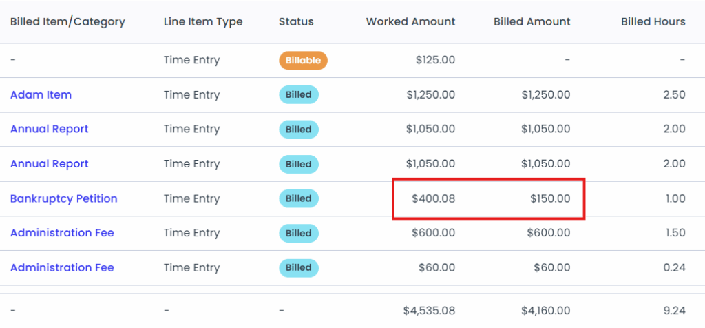 Image showing a report comparing worked amounts and billed amounts