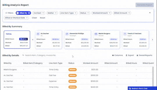 GIF showing how to filtering and analyze the Billing Analysis Report in PracticePanther