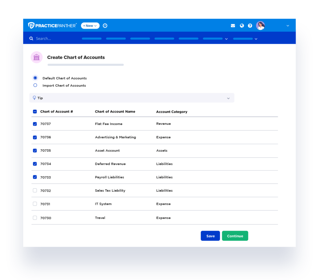 Law firm chart of accounts