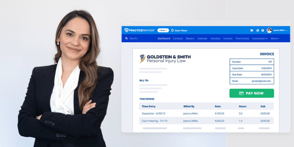 A female lawyer using PracticePanther to automate legal billing 