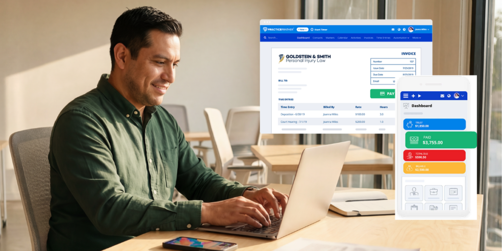 Male lawyer looking at PracticePanther case dashboards on a laptop and phone