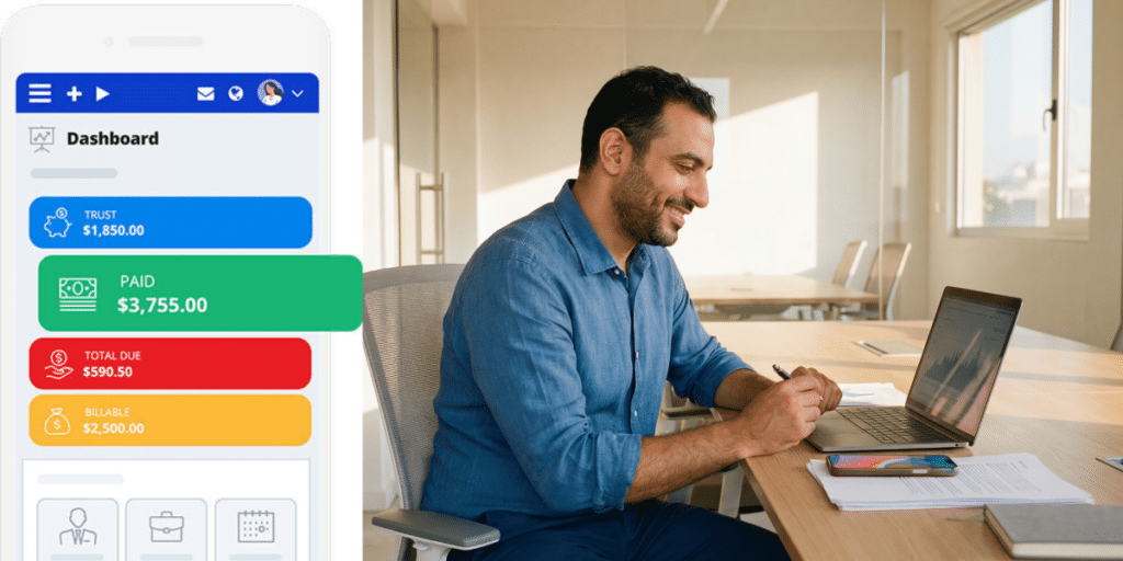 A male lawyer looking at a dashboard of client payments in PracticePanther