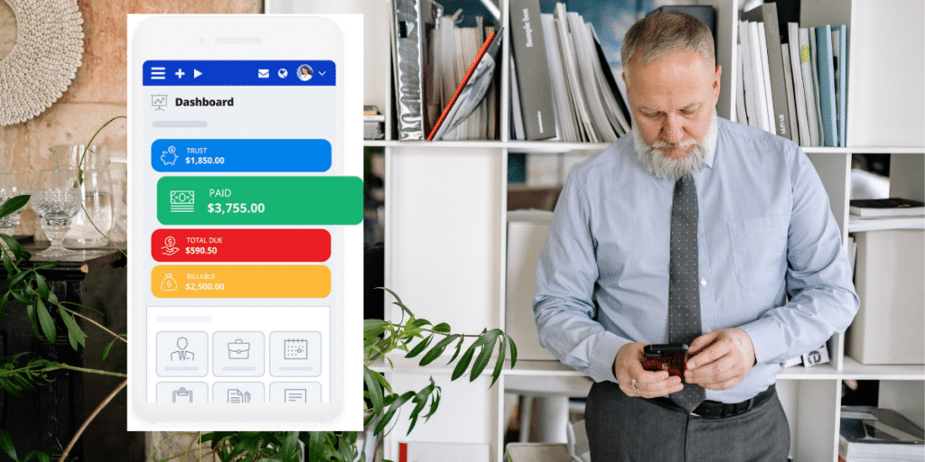 Male lawyer looking at a dashboard in PracticePanther on his phone
