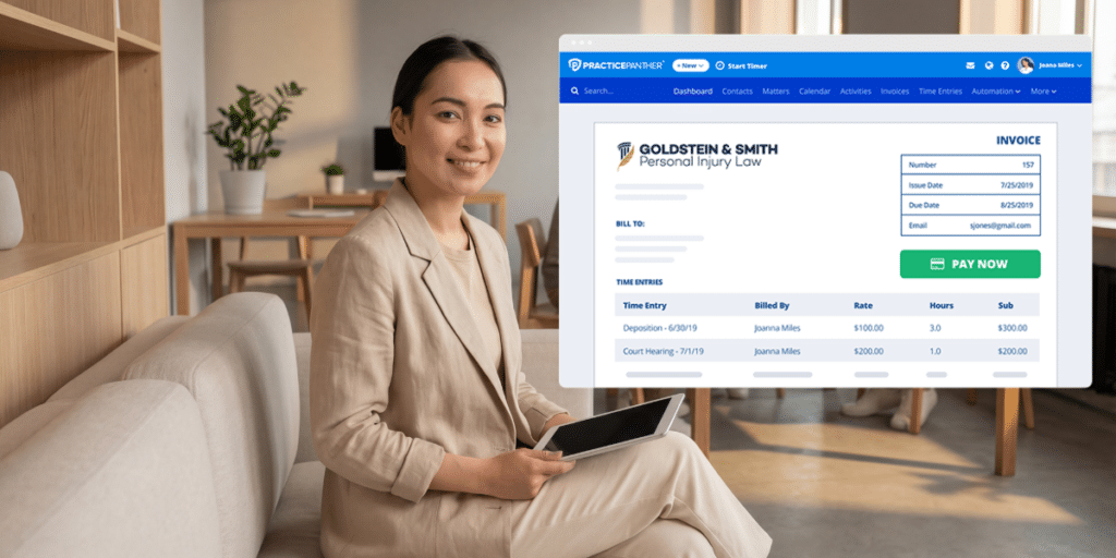 Female lawyer looking at an invoice in PracticePanther's software on a tablet