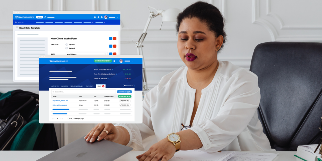 Female lawyer looking at client intake and invoicing dashboard in PracticePanther's software
