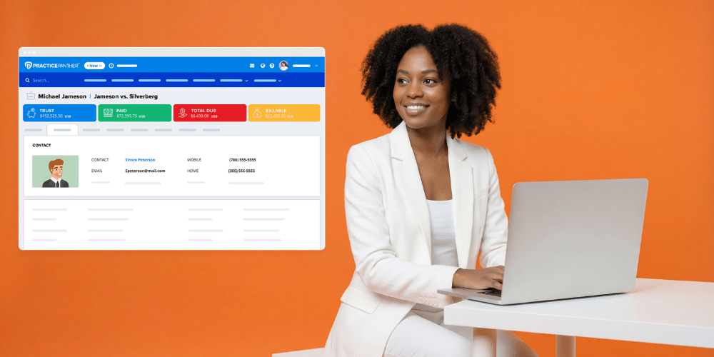 Female lawyer using her laptop to access PracticePanther's client portal