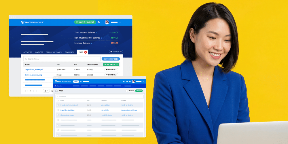 Female lawyer on her laptop using PracticePanther software to access and upload case files