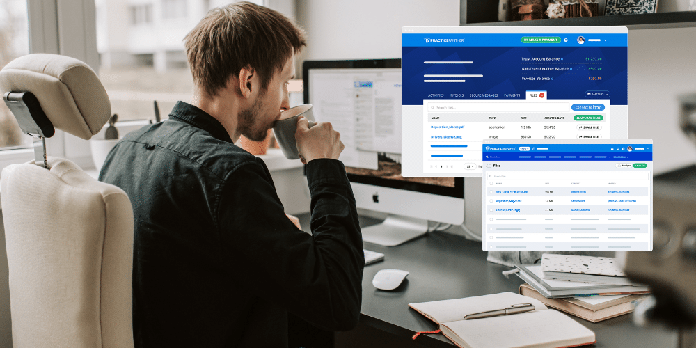 A male lawyer drinking coffee and using PracticePanther to review case documents