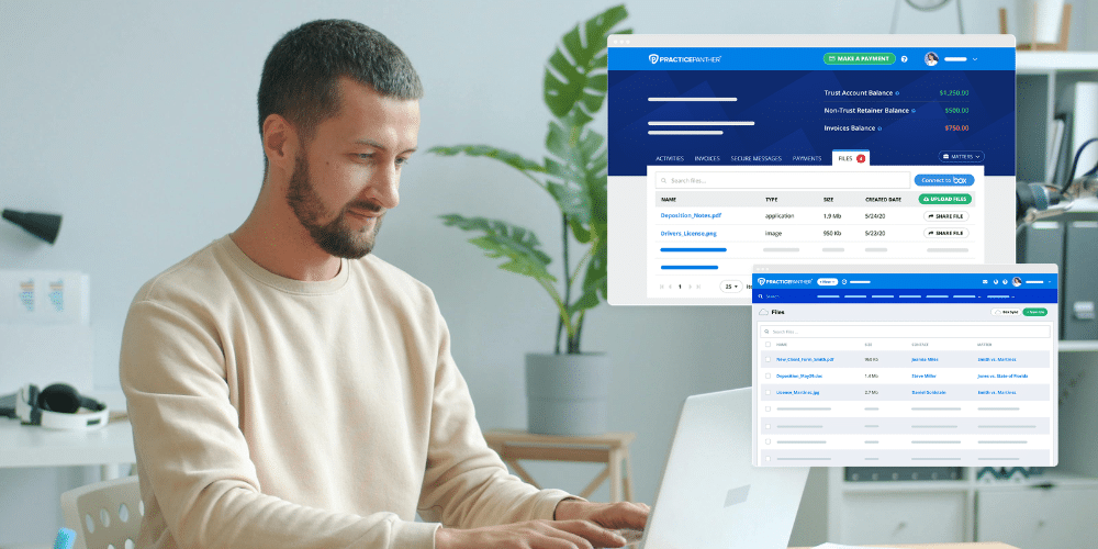 A male lawyer sitting at his desk looking at case files using PracticePanther