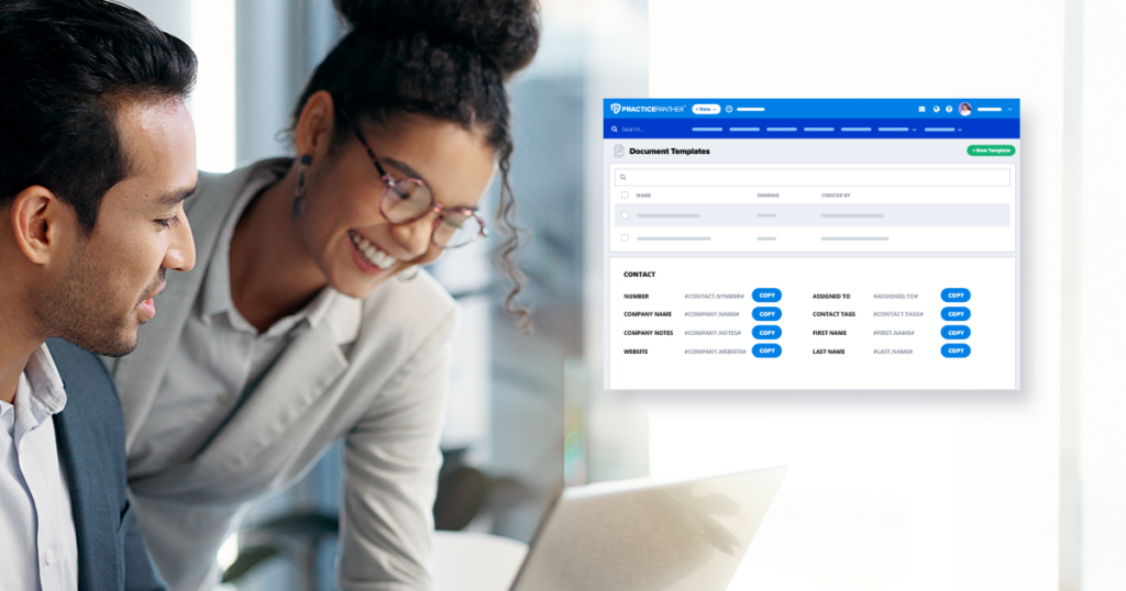 Two lawyers looking at document templates in PracticePanther